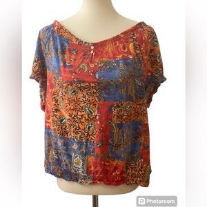 Chaps Cotton Orange‎ Blue Floral button front scoop neck relaxed fit blouse XL